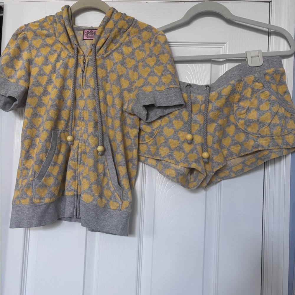 Juicy Couture Gray and Yellow Heart terry Hoodie and Shorts Set XL